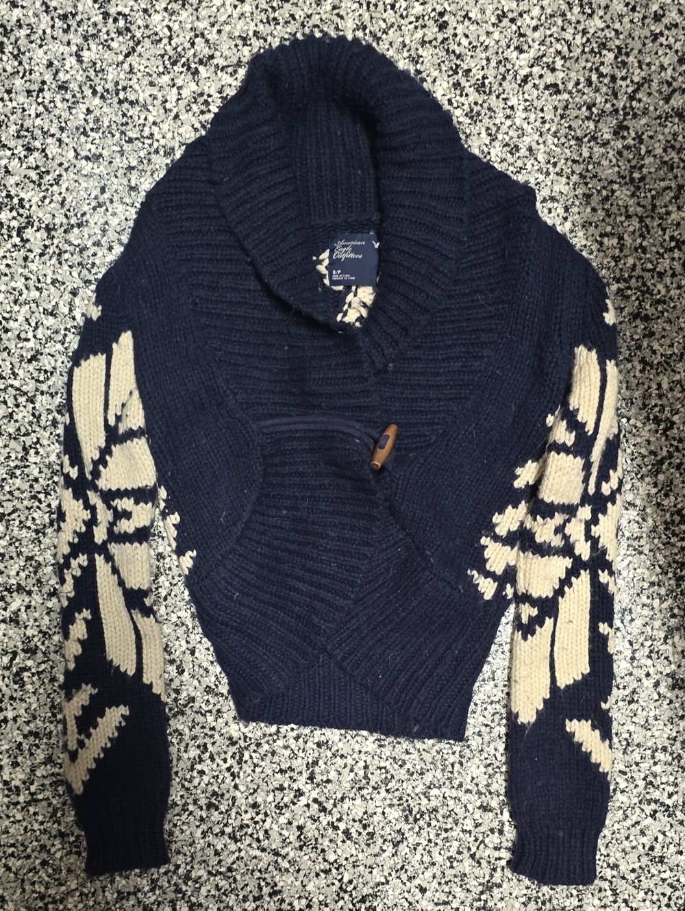 Navy Shawl Collar Toggle Sweater with Cream Floral Sleeves